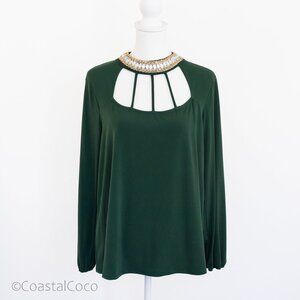 Moa Moa Blouse 1X Green Long Sleeve Embellished Neckline Cutout Stretchy Holiday